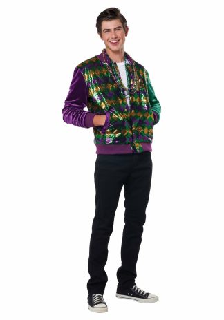 Holiday Costumes | Mardi Gras Sequin and Velour Varsity Bomber Jacket for Adults Costume Apparel Costume Apparel