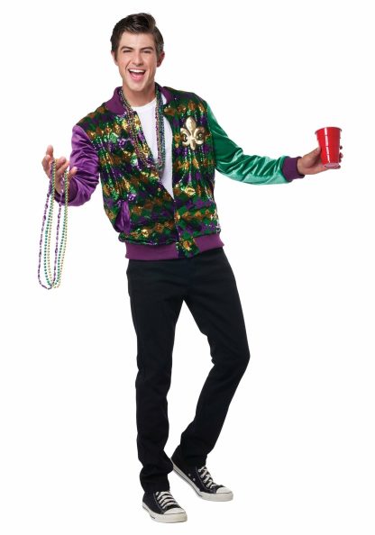 Holiday Costumes | Mardi Gras Sequin and Velour Varsity Bomber Jacket for Adults Costume Apparel Costume Apparel