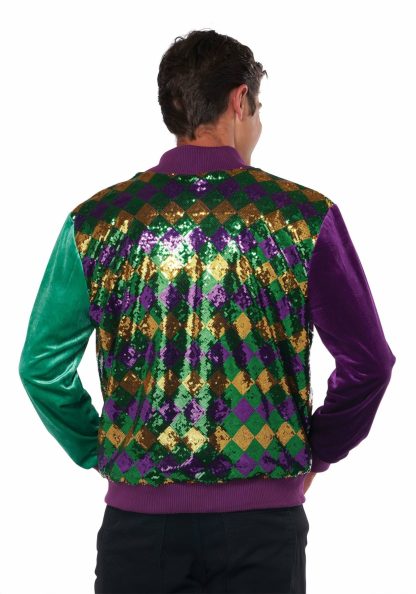 Holiday Costumes | Mardi Gras Sequin and Velour Varsity Bomber Jacket for Adults Costume Apparel Costume Apparel