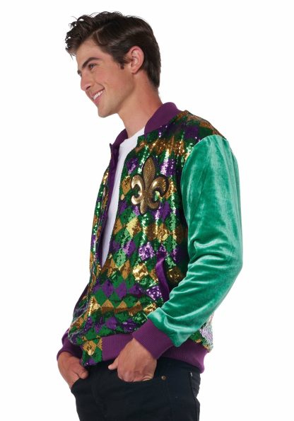 Holiday Costumes | Mardi Gras Sequin and Velour Varsity Bomber Jacket for Adults Costume Apparel Costume Apparel