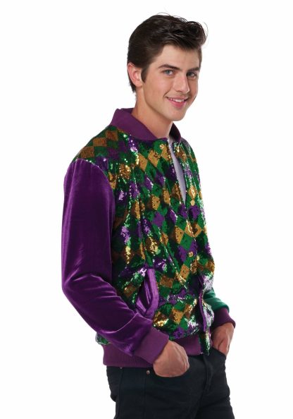 Holiday Costumes | Mardi Gras Sequin and Velour Varsity Bomber Jacket for Adults Costume Apparel Costume Apparel